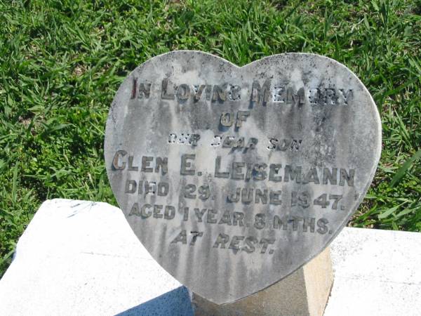 Glen E LEISEMANN  | 29 Jun 1947, aged 1 year 8 months  | Mount Beppo Apostolic Church Cemetery  | 