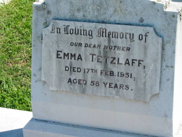 Emma TETZLAFF  | 17 Feb 1951, aged 58  | Mount Beppo Apostolic Church Cemetery  | 