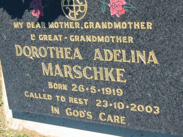 Dorothea Adelina MARSCHKE  | b: 26 May 1919, d: 23 Oct 2003  | Mount Beppo Apostolic Church Cemetery  | 