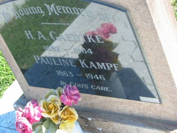 H A GAEDTKE  | b: 1882, d: 1964  | Pauline KAMPF  | b: 1863, d: 1946  | Mount Beppo Apostolic Church Cemetery  | 