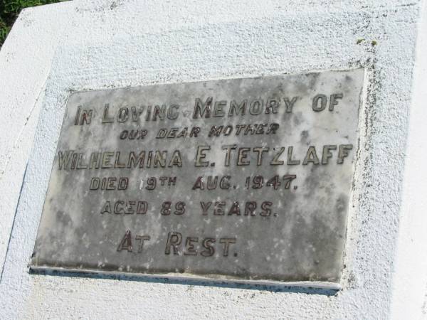 Wilhelmina E TETZLAFF  | 19 Aug 1947, aged 89  | Mount Beppo Apostolic Church Cemetery  | 