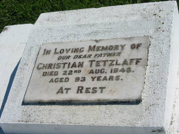 Christian TETZLAFF  | 22 Aug 1948, aged 93  | Mount Beppo Apostolic Church Cemetery  | 