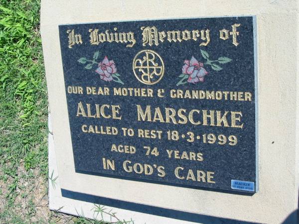 Alice MARSCHKE  | 18 Mar 1999, aged 74  | Mount Beppo Apostolic Church Cemetery  | 