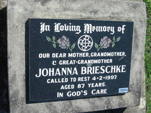 Johanna BRIESCHKE  | 4 Feb 1997, aged 87  | Mount Beppo Apostolic Church Cemetery  | 