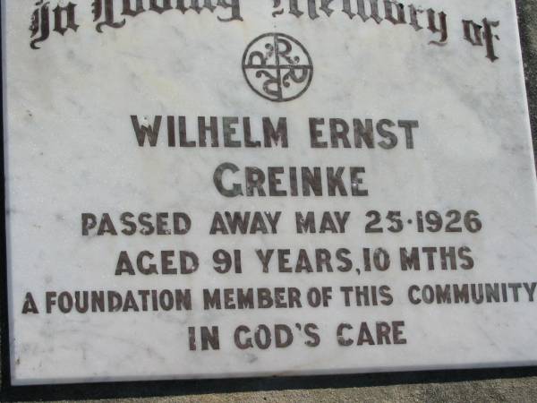 Wilhelm Ernst GREINKE  | 25 May 1926, aged 91 years 10 months  | (a foundation member of this community)  | Mount Beppo Apostolic Church Cemetery  | 