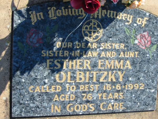 Esther Emma OLBITZKY  | 16 Jun 1992, aged 76  | Mount Beppo Apostolic Church Cemetery  | 
