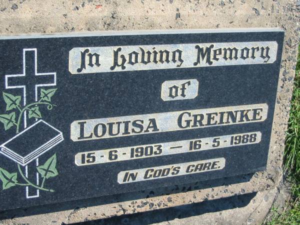 Louisa GREINKE  | b: 15 Jun 1903, d: 16 May 1988  | Mount Beppo Apostolic Church Cemetery  | 