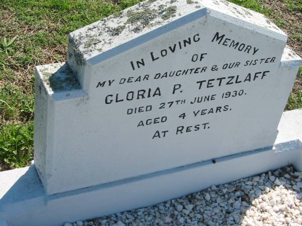 Gloria P TETZLAFF  | 27 Jun 1930, aged 4  | Mount Beppo Apostolic Church Cemetery  | 