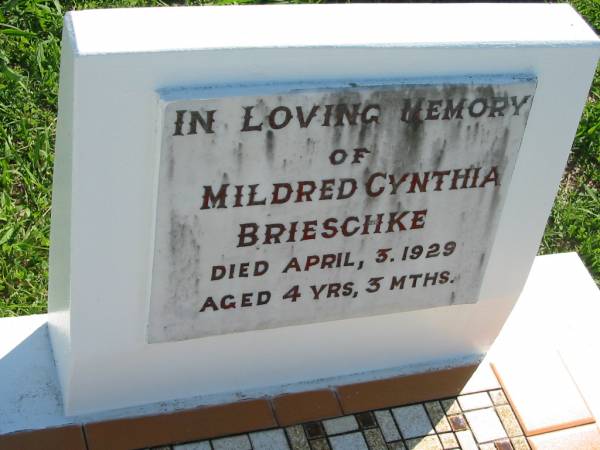 Mildred Cynthia BRIESCHKE  | 3 Apr 1929, aged 4 years 3 months  | Mount Beppo Apostolic Church Cemetery  | 