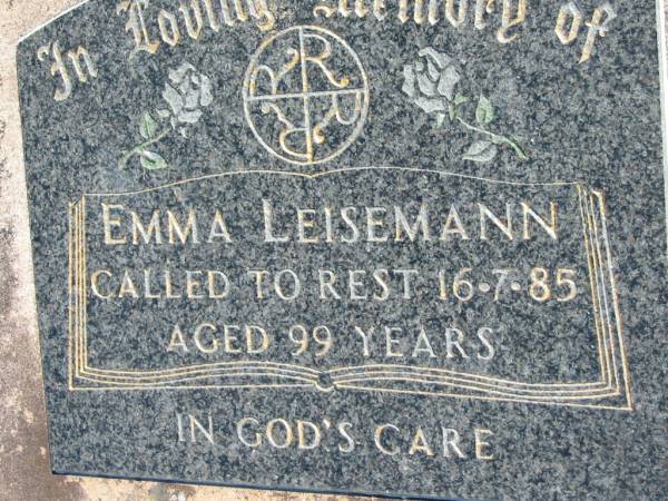 Emma LEISEMANN  | 16 Jul 1985, aged 99  | Mount Beppo Apostolic Church Cemetery  | 