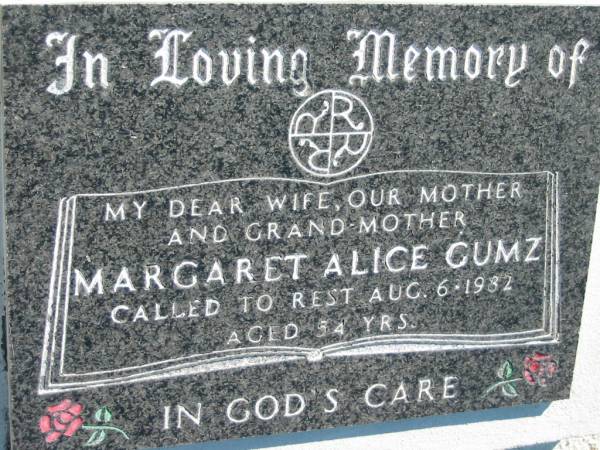 Margaret Alice GUMZ  | 6 Aug 1982, aged 54  | Mount Beppo Apostolic Church Cemetery  | 
