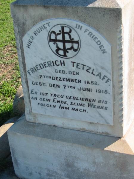 Friederich TETZLAFF  | b: 7 Dec 1852, 7 Jun 1915  | Mount Beppo Apostolic Church Cemetery  | 