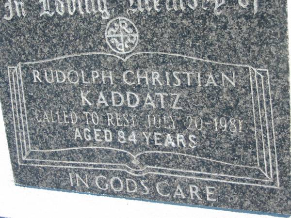 Rudolph Christian KADDATZ  | 20 Jul 1981, aged 84  | Mount Beppo Apostolic Church Cemetery  | 