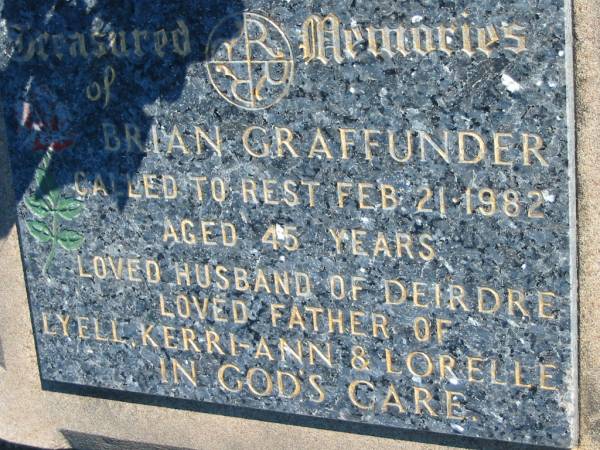 Brian GRAFFUNDER  | 21 Feb 1982, aged 45  | (husband of Deirdre, father of Lyell, Kerri-Ann, Lorelle)  | Mount Beppo Apostolic Church Cemetery  | 