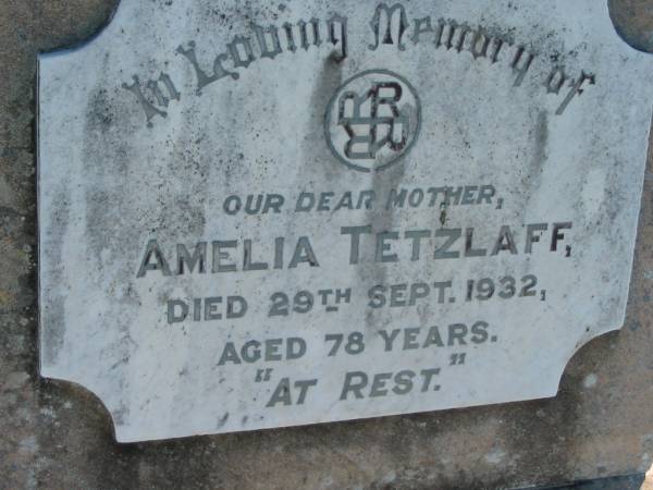 Amelia TETZLAFF  | 29 Sep 1932, aged 78  | Mount Beppo Apostolic Church Cemetery  | 