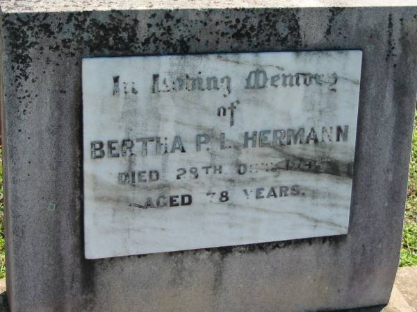 Bertha P.I. HERMANN,  | died 28 Oct 1944? aged 78 years;  | Mt Beppo General Cemetery, Esk Shire  | 