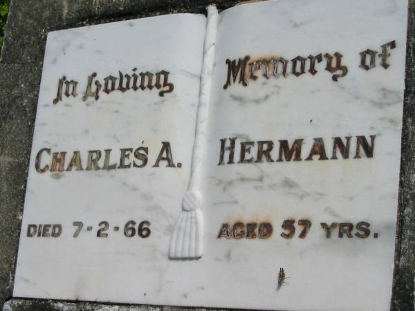 Charles A. HERMANN,  | died 7-2-66 aged 57 years;  | Mt Beppo General Cemetery, Esk Shire  | 