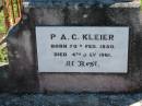 
P.A.C. KLEIER,
born 20 Feb 1880 died 4 July 1961;
Mt Beppo General Cemetery, Esk Shire
