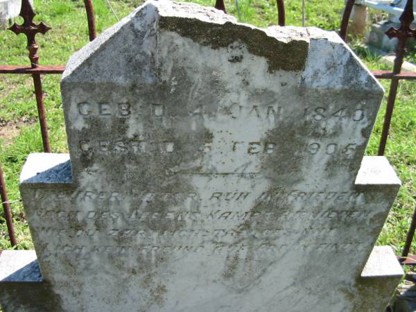 Heinrich WOLFF,  | born 4 Jan 1840 died 6 Feb 1905;  | Mt Beppo General Cemetery, Esk Shire  | 