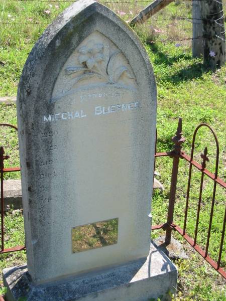 Miechal BLIESNER,  | 22 Sept 1885? aged 89 years 6 months;  | Christine BLIESNER,  | 16-6-1837 - 10-7-1925;  | Mt Beppo General Cemetery, Esk Shire  | 