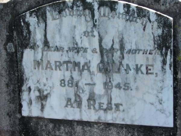 Martha G. LINKE, wife mother,  | 1881 - 1945;  | Mt Beppo General Cemetery, Esk Shire  | 