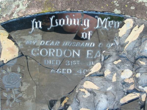 Gordon EASTELL,  | husband father,  | died 31 July 1964  | aged 40 years;  | Mt Beppo General Cemetery, Esk Shire  | 