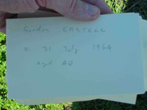 Gordon EASTELL,  | husband father,  | died 31 July 1964  | aged 40 years;  | Mt Beppo General Cemetery, Esk Shire  | 