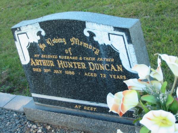 Arthur Hunter DUNCAN, died 21 July 1986 aged 72 years, husband father;  | Mt Mee Cemetery, Caboolture Shire  | 