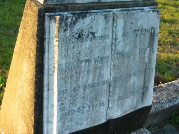Elizabeth WHITE; 14 Mar 1895; aged 37  | Thomas WHITE; 25 Mar 1935; aged 76  | Mt Mee Cemetery, Caboolture Shire  | 