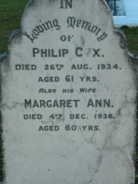 Philip COX; 26 Aug 1934; aged 61  | (wife) Margaret Ann; 4 Dec 1936; aged 60  | Mt Mee Cemetery, Caboolture Shire  | 