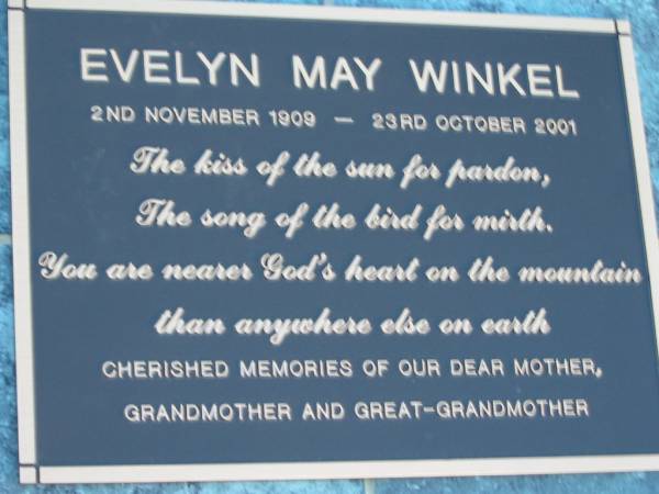 Evelyn May WINKEL; B: 2 Nov 1909; D: 23 Oct 2001  | Mt Mee Cemetery, Caboolture Shire  | 