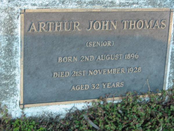 Arthur John THOMAS (senior)  | B: 2 Aug 1896; D: 21 Nov 1928; aged 32  | Mt Mee Cemetery, Caboolture Shire  | 