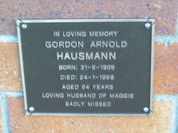 Gordon Arnold HAUSMANN; B: 31 May 1905; 24 Jan 1968; aged 64  | husband of Maggie  | Mt Mee Cemetery, Caboolture Shire  | 