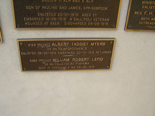 Albert (Addie) MYERS  | William Robert LEFIO, d 26-05-1915  | War Memorial, Elsie Laver Park, Mudgeeraba  |   | 