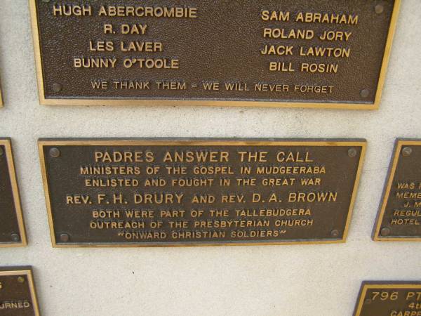 F.H. DRURY  | D.A. BROWN  | War Memorial, Elsie Laver Park, Mudgeeraba  | 