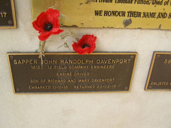 John Randolph DAVENPORT (son of Richard and Mary)  | War Memorial, Elsie Laver Park, Mudgeeraba  | 