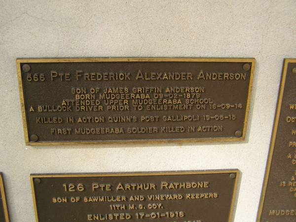 Frederick Alexander ANDERSON (KIA 19-05-1915, born 9-2-1879, son of James Griffin ANDERSON)  | War Memorial, Elsie Laver Park, Mudgeeraba  | 