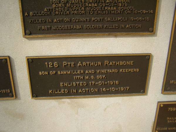 Arthur RATHBONE (KIA 14-10-1917)  | War Memorial, Elsie Laver Park, Mudgeeraba  | 