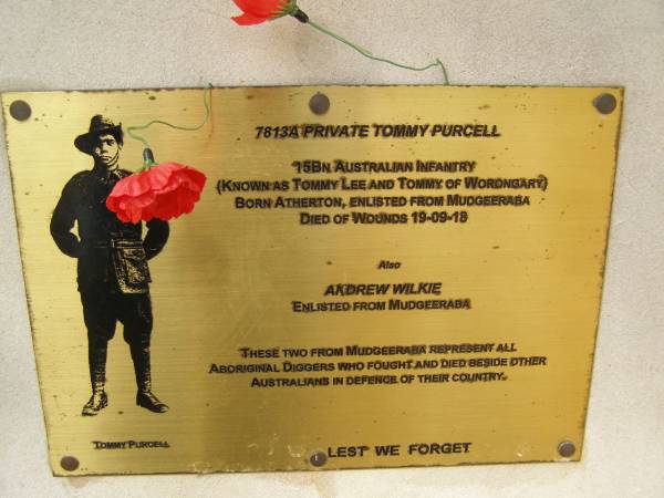 Tommy PURCELL (Tommy Lee) B; Atherton, DOW 19-09-1918  | Andrew WILKIE  | War Memorial, Elsie Laver Park, Mudgeeraba  | 