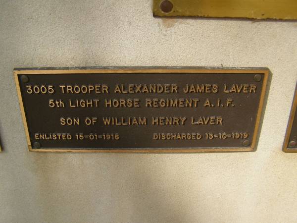 Alexander James LAVER, son of William Henry LAVER  | War Memorial, Elsie Laver Park, Mudgeeraba  | 