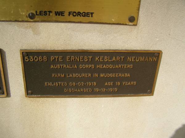 Ernest Keslart NEUMANN, enlisted 8-2-1918, aged 18  | War Memorial, Elsie Laver Park, Mudgeeraba  | 