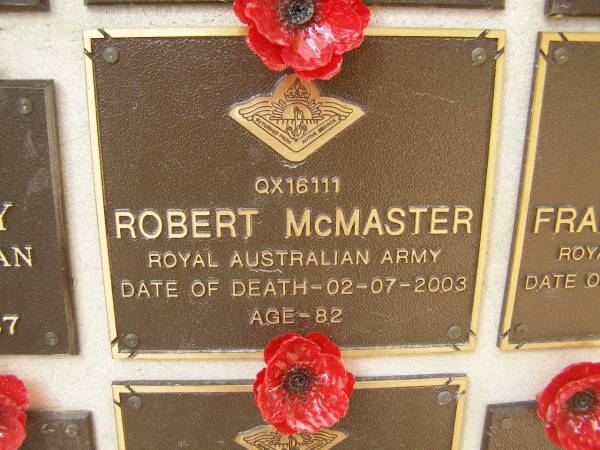 Robert McMASTER, 2-7-2003, aged 82  | War Memorial, Elsie Laver Park, Mudgeeraba  | 