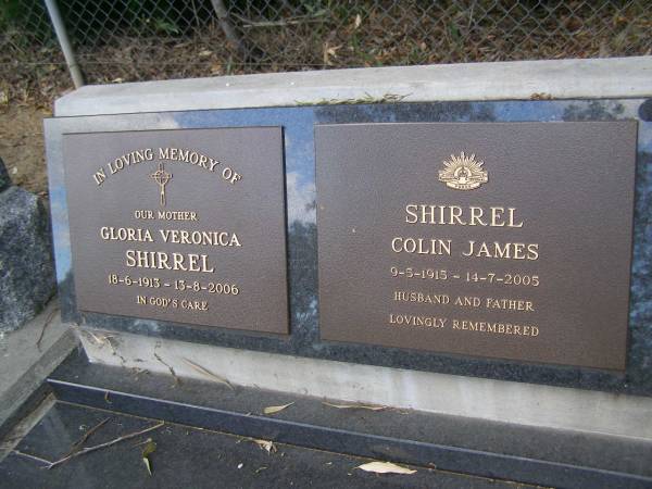 Gloria Veronica SHIRREL,  | mother,  | 18-6-1913 - 13-8-2006;  | Colin James SHIRREL,  | 9-5-1915 - 14-7-2005,  | husband father;  | Mudgeeraba cemetery, City of Gold Coast  | 