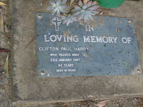 Clifton Paul HARDY,  | died 23 Jan 1987 aged 84 years;  | Mudgeeraba cemetery, City of Gold Coast  | 