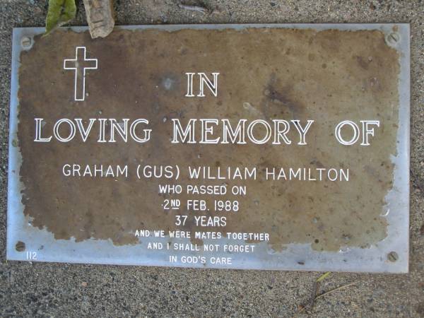 Graham (Gus) William HAMILTON,  | died 2 Feb 1988 aged 37 years;  | Mudgeeraba cemetery, City of Gold Coast  | 