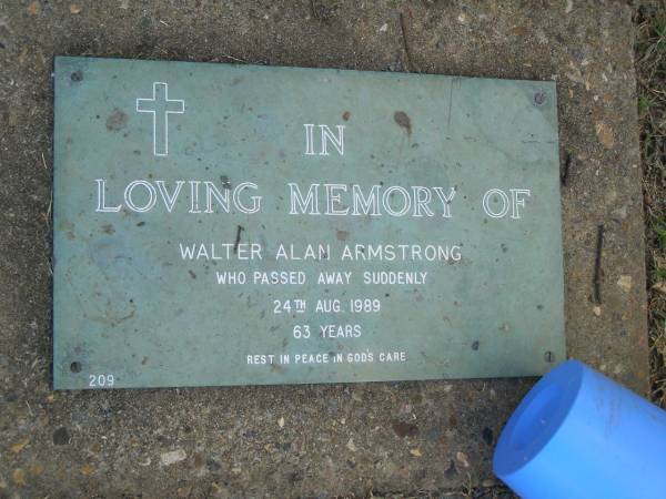 Walter Alan ARMSTRONG,  | died suddenly 24 Aug 1989 aged 63 years;  | Mudgeeraba cemetery, City of Gold Coast  | 