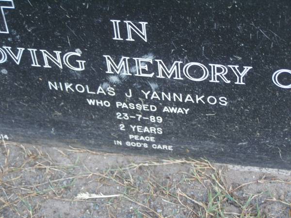 Nikolas J. YANNAKOS,  | died 23-7-89 aged 2 years;  | Mudgeeraba cemetery, City of Gold Coast  | 
