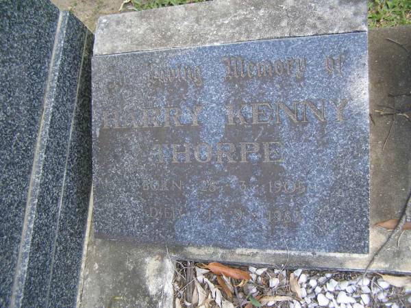 Harry Kenny THORPE,  | born 28-3-1905,  | died 1-9-1983;  | Edith Jean THORPE,  | born 7-10-1908,  | died 16-3-1983;  | Mudgeeraba cemetery, City of Gold Coast  | 