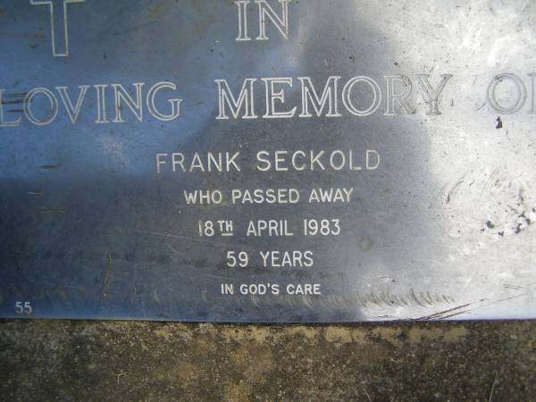 Frank SECKOLD,  | died 18 April 1983 aged 59 years;  | Mudgeeraba cemetery, City of Gold Coast  | 