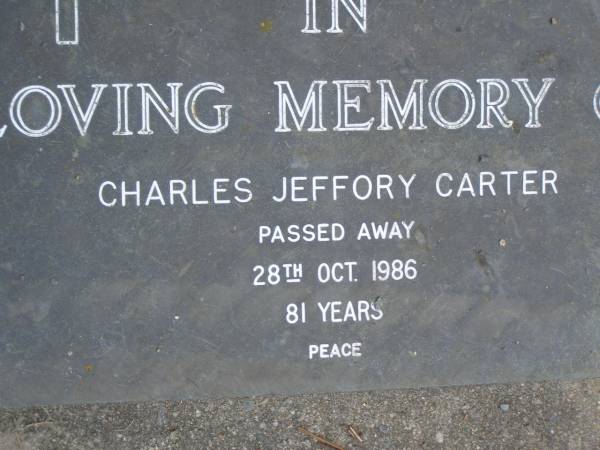 Charles Jeffory CARTER,  | died 28 Oct 1986 aged 81 years;  | Mudgeeraba cemetery, City of Gold Coast  | 